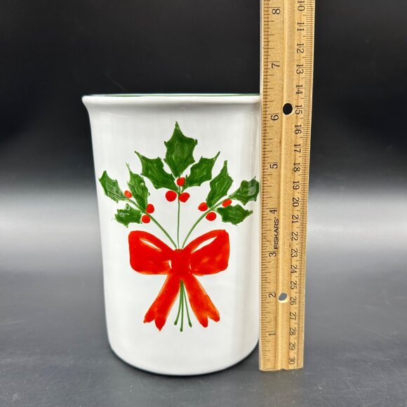Christmas Holly Utensil Holder Italian Pottery White Red Decoration Italy - Picture 9 of 10